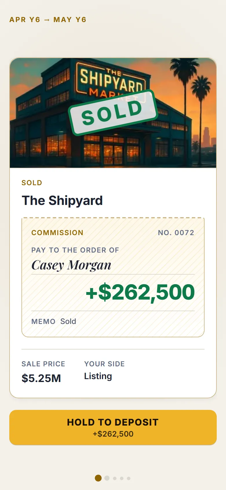 A commission cheque for $262,500 with a Hold to deposit button