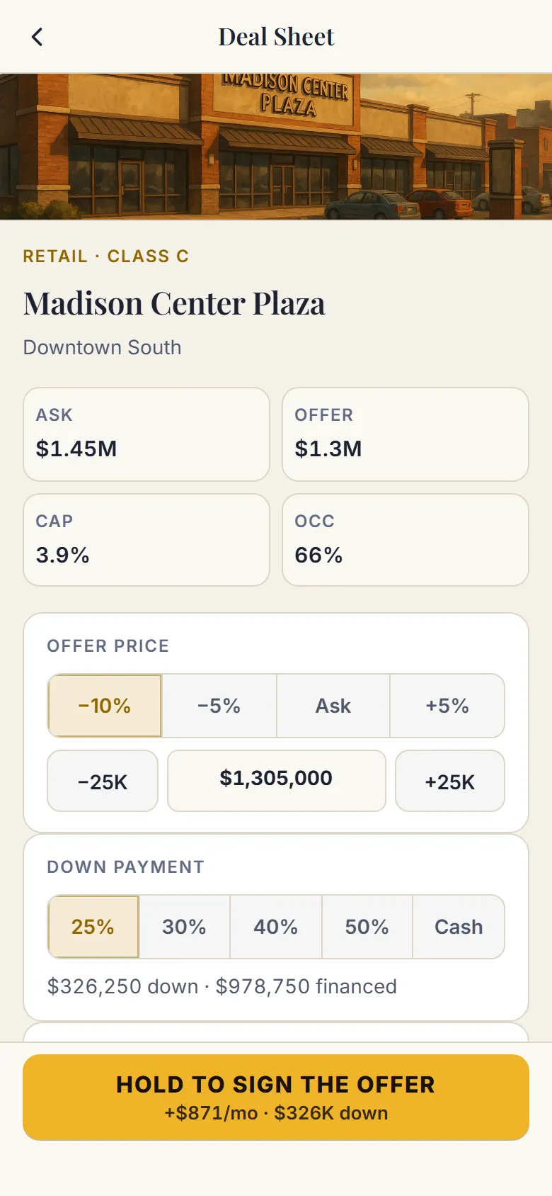 A deal sheet with the offer price, down payment, and the monthly cash flow today and once leased