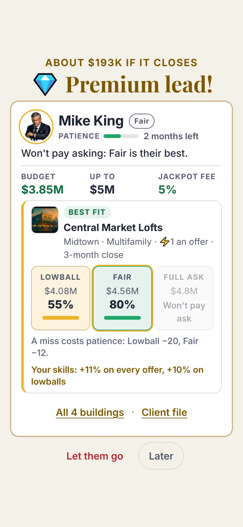 Phone screen: a buyer client's offer choices, Lowball, Fair and Full ask, each with its odds and commission.