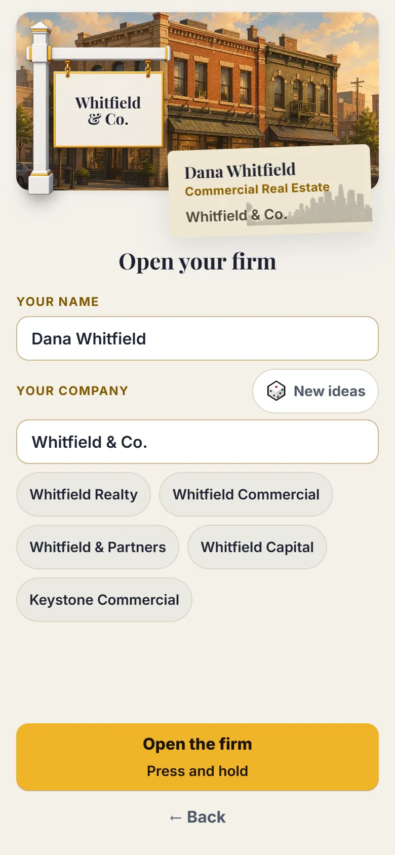 The Open your firm screen: the player's name and firm name filled in, with the firm's sign lettered above