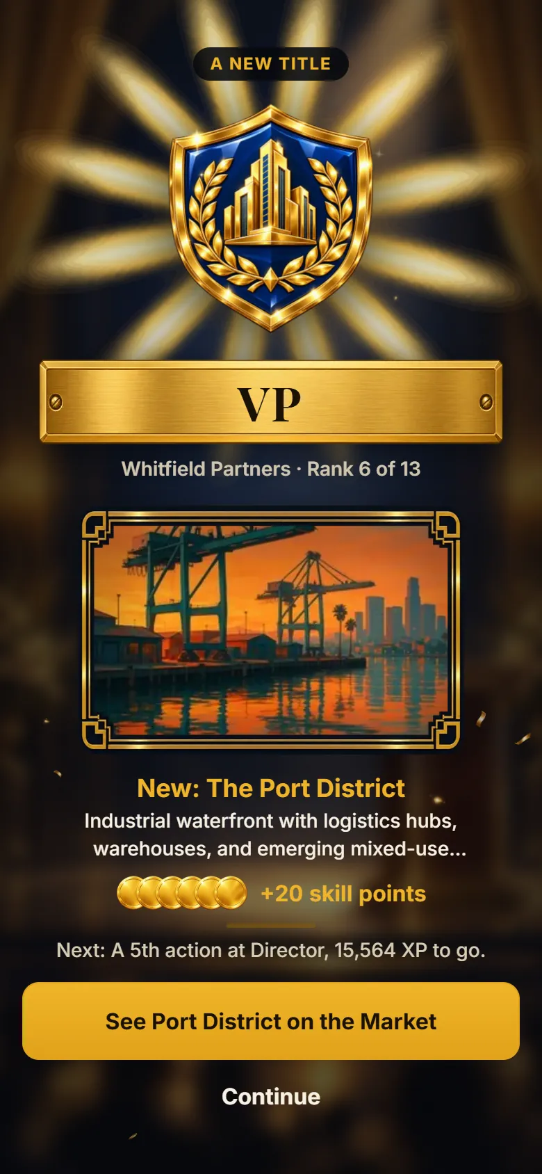 The promotion stage: the new rank's crest, nameplate and the new thing it opens