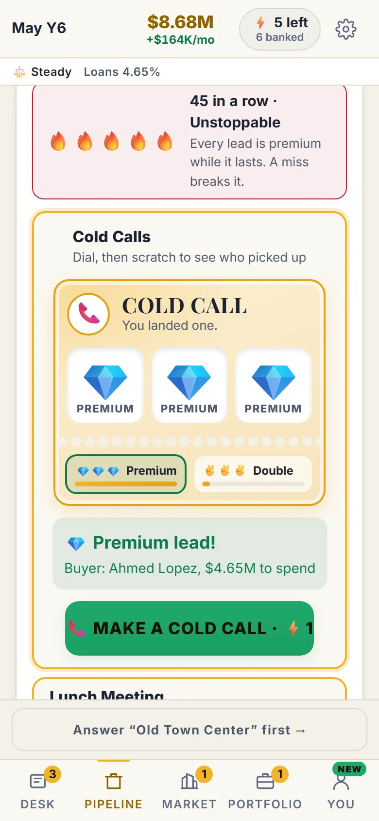 A cold call scratch-off ticket showing three premium diamonds and a premium lead