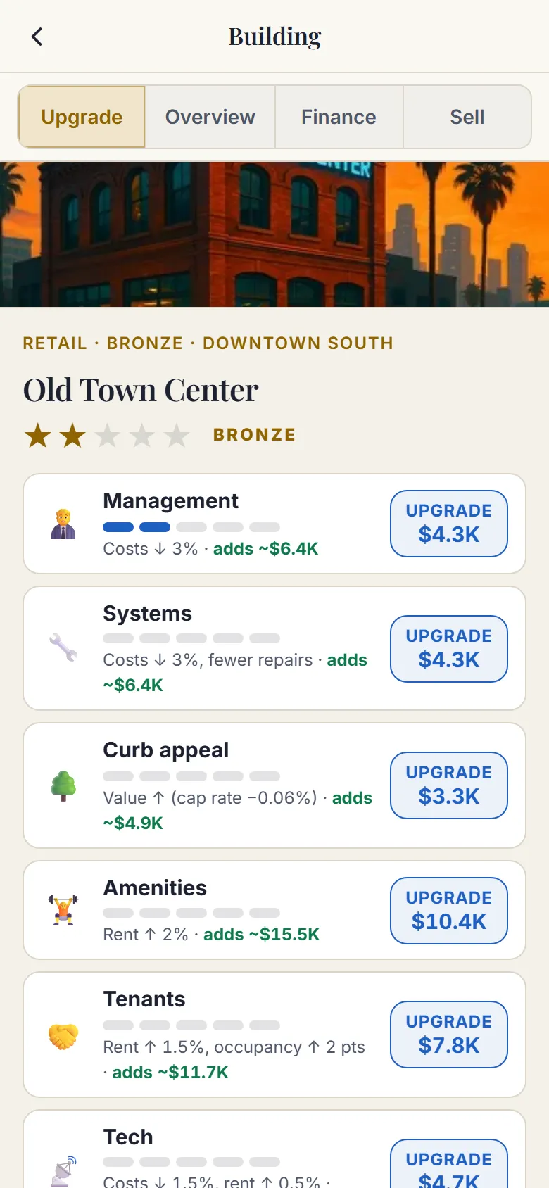 Six upgrade tracks for a building, each with a price and the value it adds