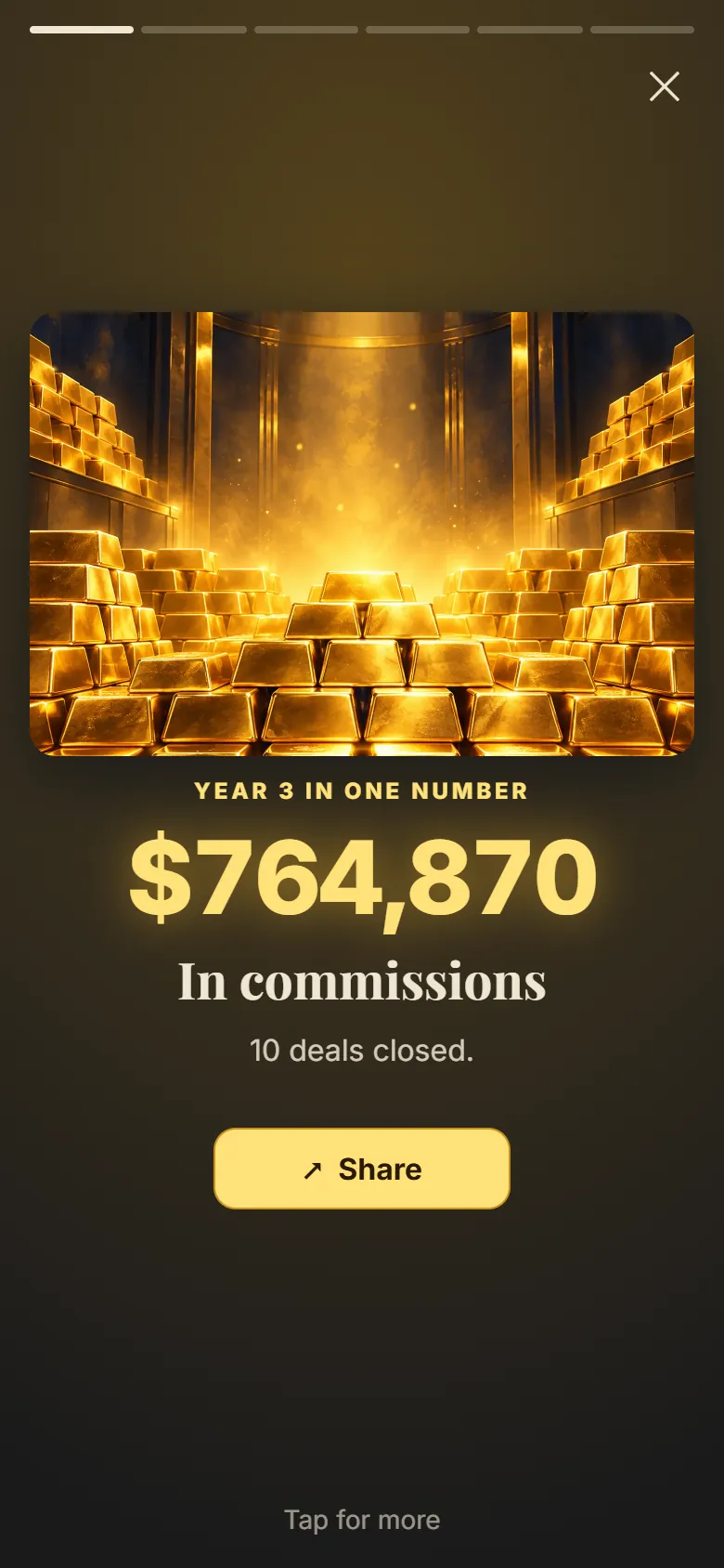 Phone screen: the first page of the player's year, wrapped, ready to share.